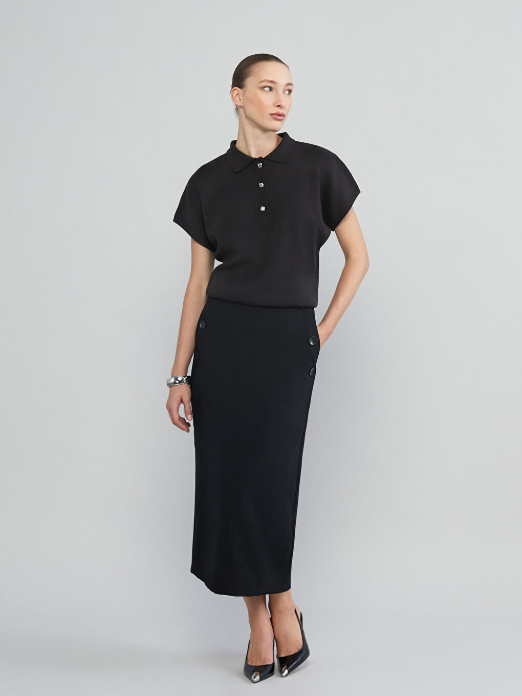 Antrasit Polo Yaka Kadın Triko Kazak-1