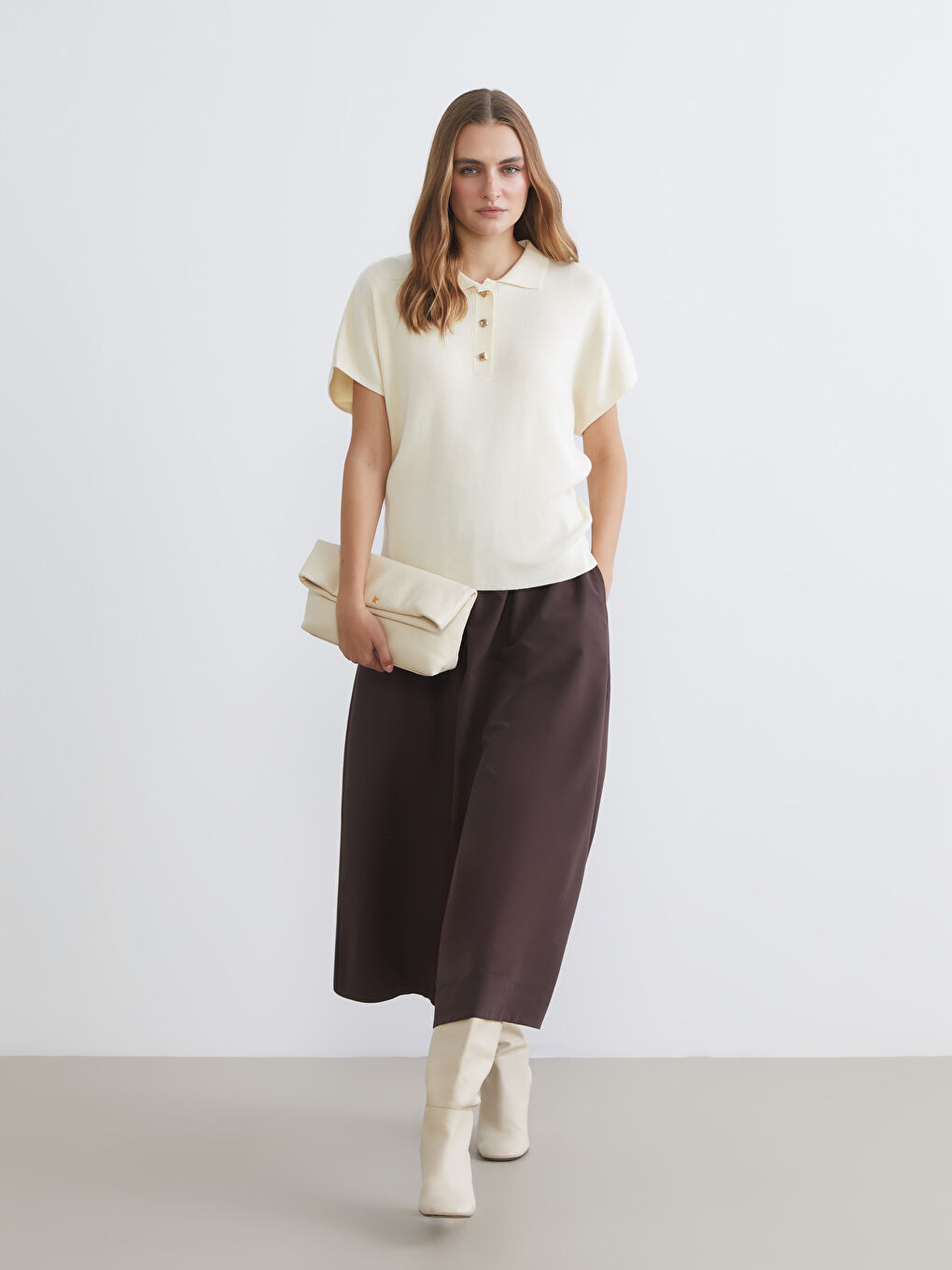 Ekru Polo Yaka Kadın Triko Kazak-1