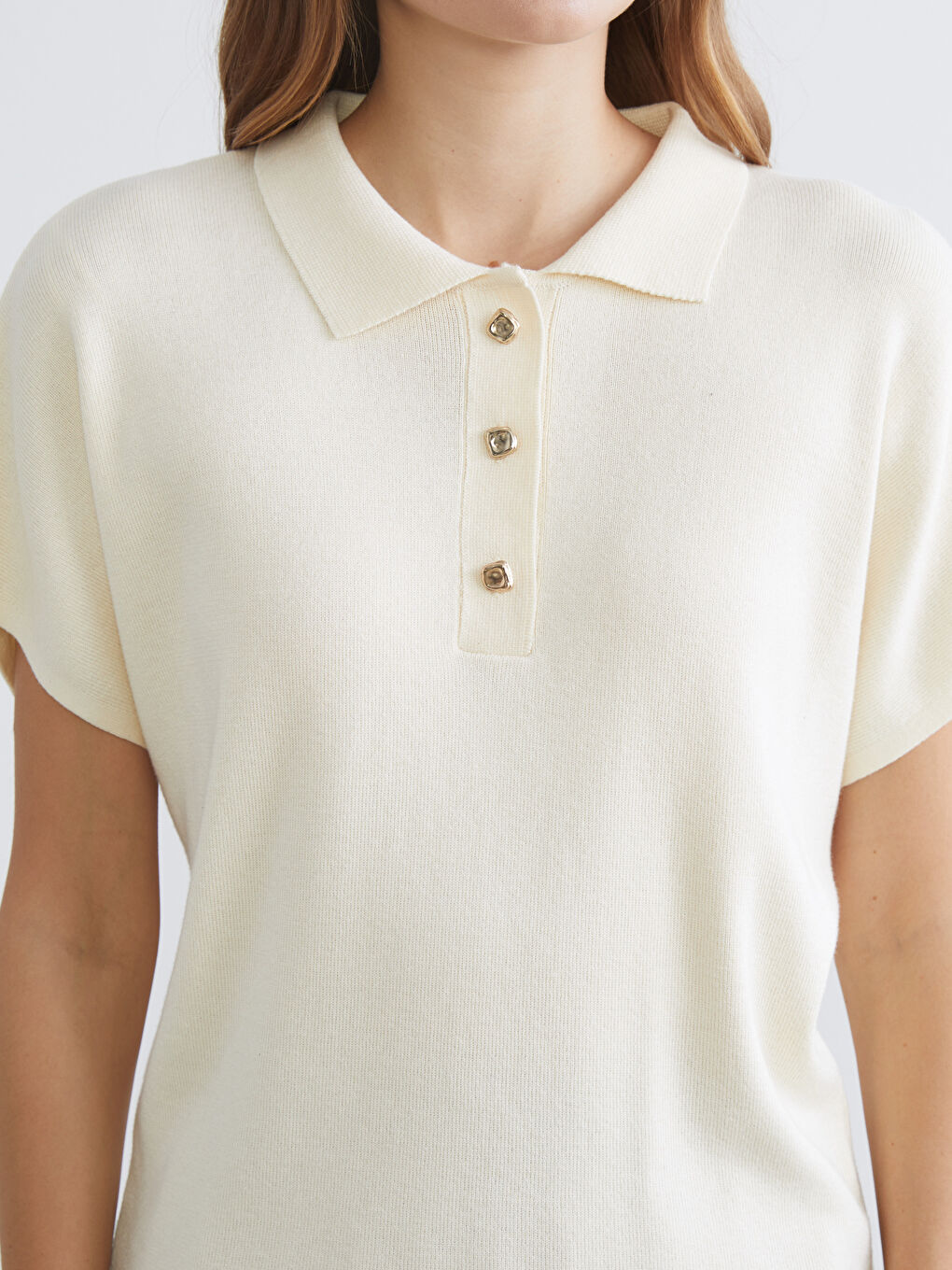 Ekru Polo Yaka Kadın Triko Kazak-2