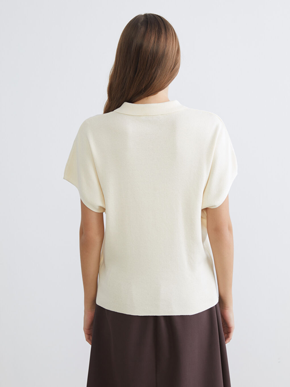 Ekru Polo Yaka Kadın Triko Kazak-3