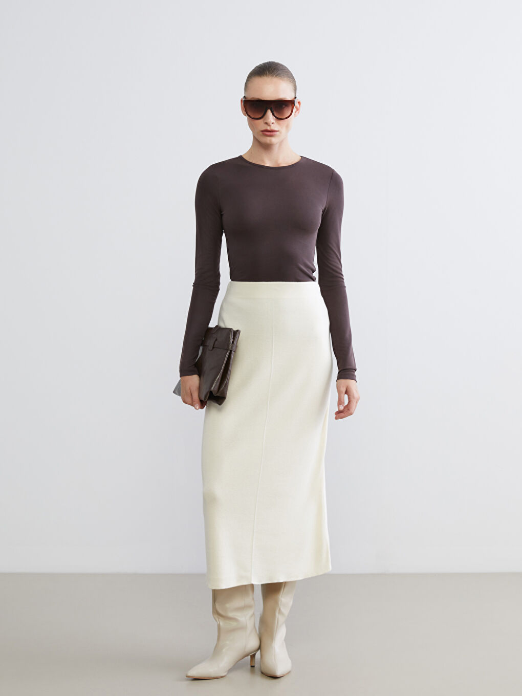 Ekru Beli Lastikli Triko Etek