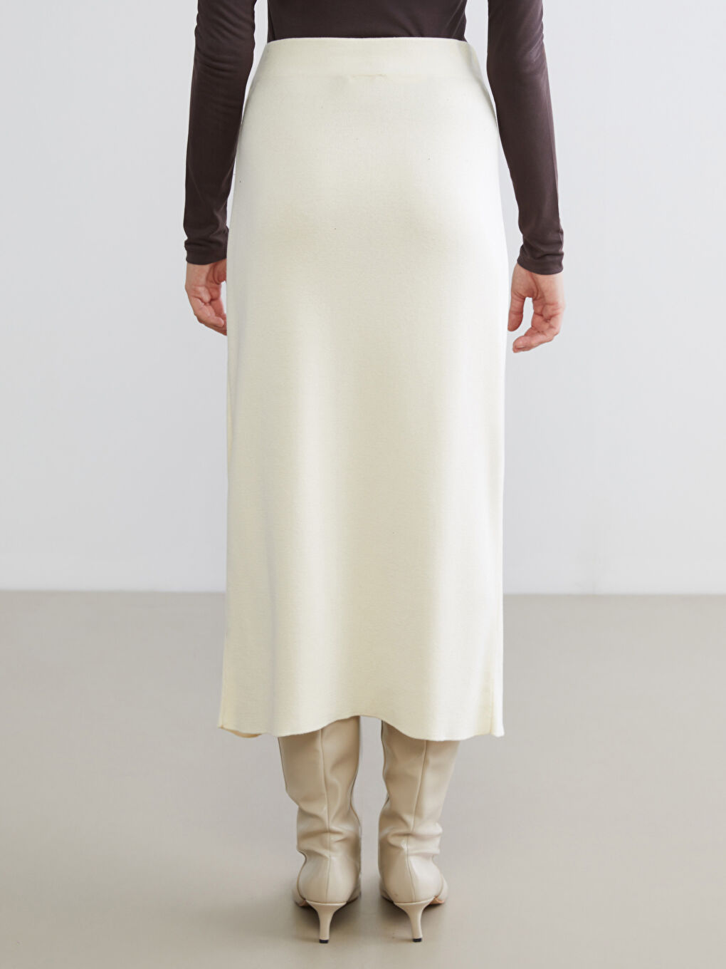 Ekru Beli Lastikli Triko Etek-3