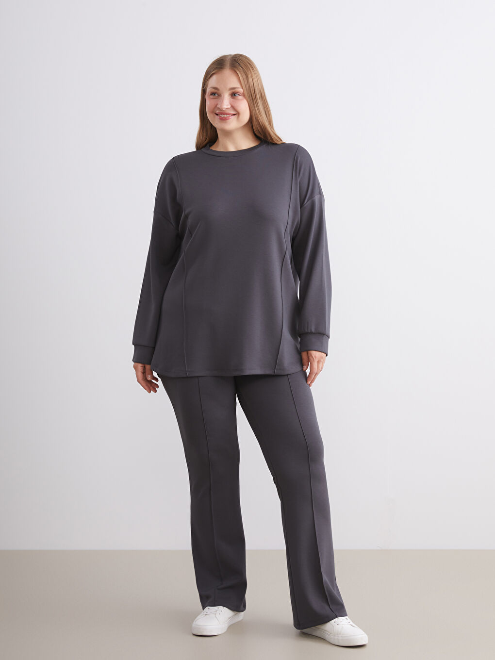 Antrasit Bisiklet Yaka Kadın Sweatshirt Tunik-1