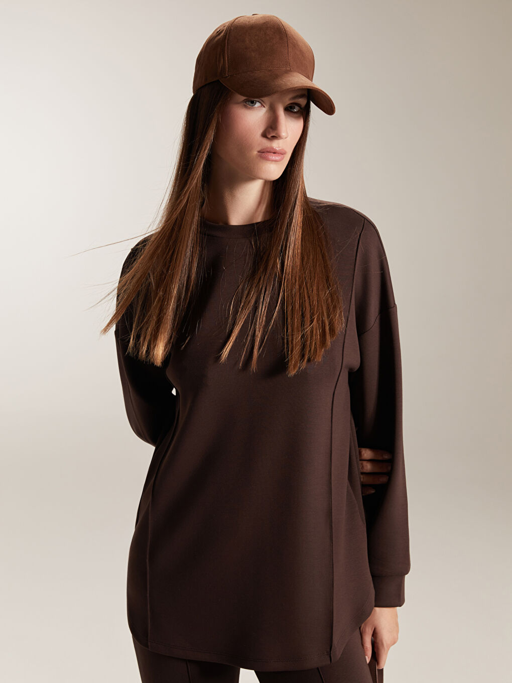 Kahverengi Bisiklet Yaka Kadın Sweatshirt Tunik