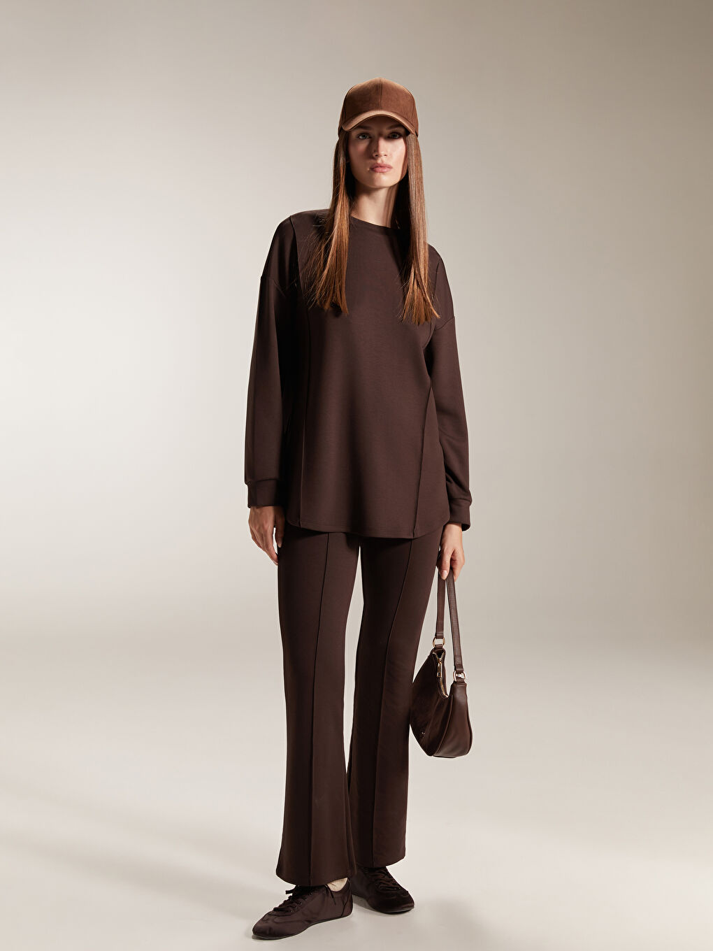 Kahverengi Bisiklet Yaka Kadın Sweatshirt Tunik-1