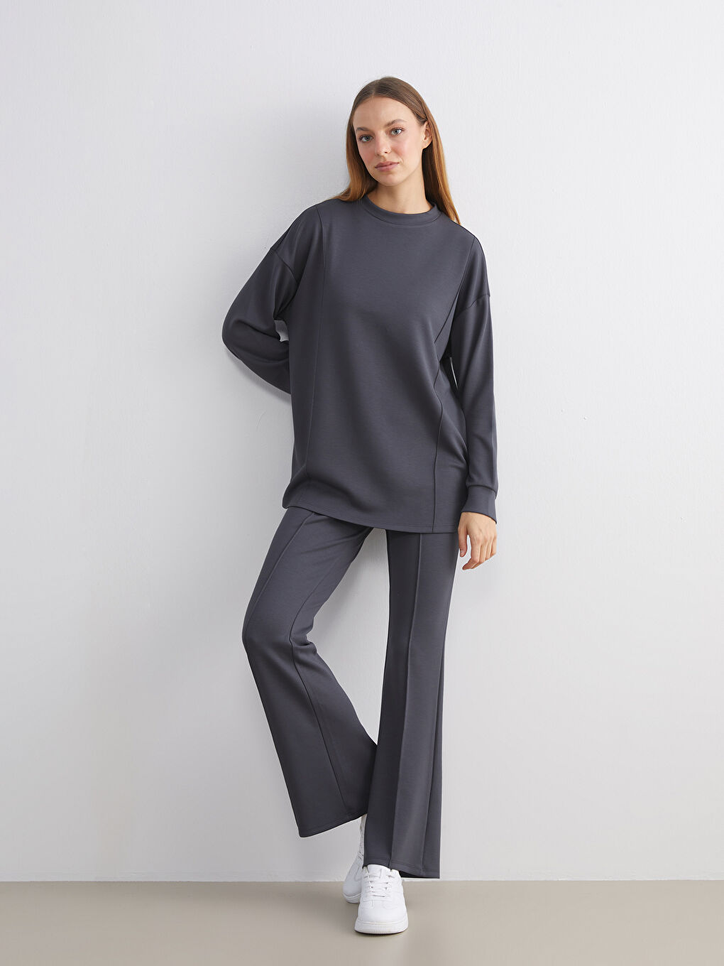 Antrasit Bisiklet Yaka Kadın Sweatshirt Tunik-2