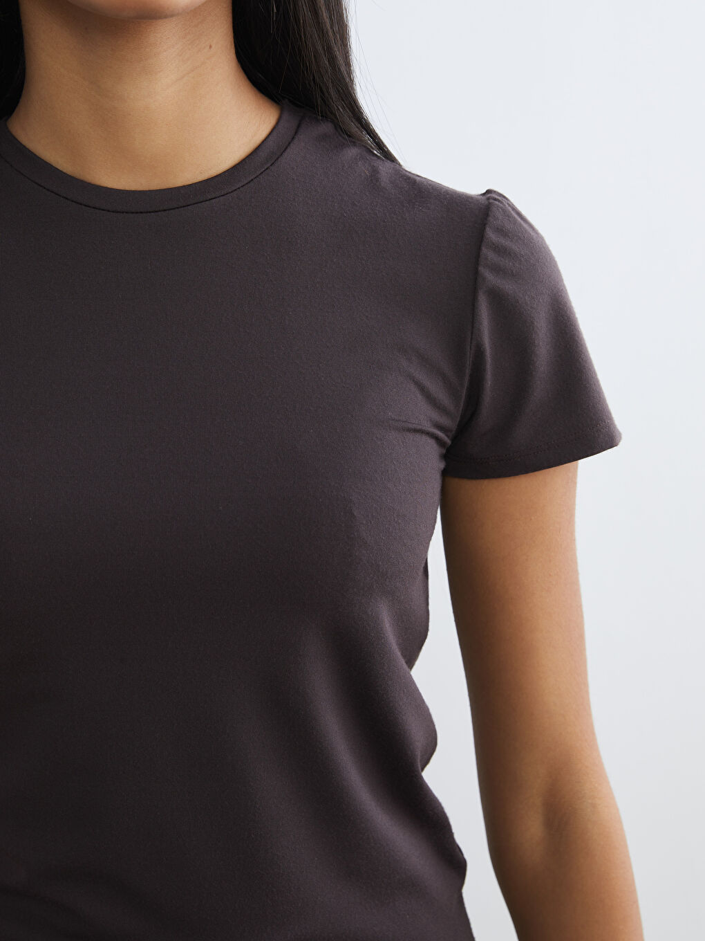 Kahverengi Bisiklet Yaka Soft Touch Kadın Spor Tişört-2