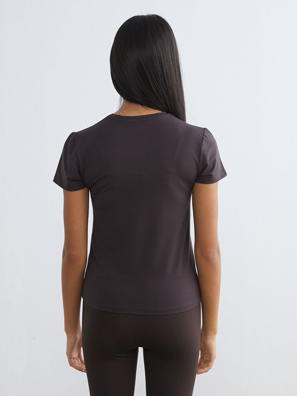 Kahverengi Bisiklet Yaka Soft Touch Kadın Spor Tişört-3