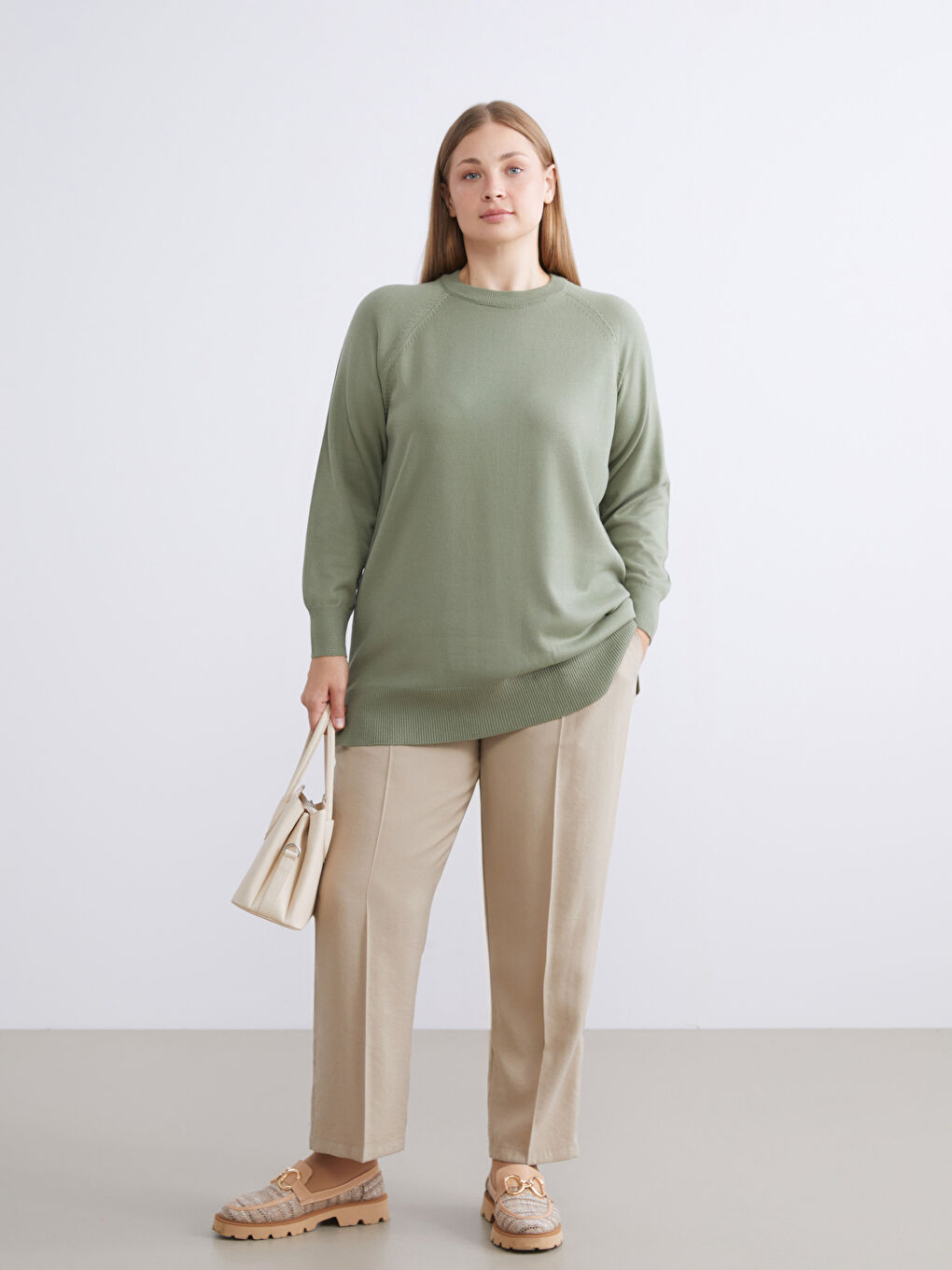 Bej Beli Lastikli Kadın Pantolon-1