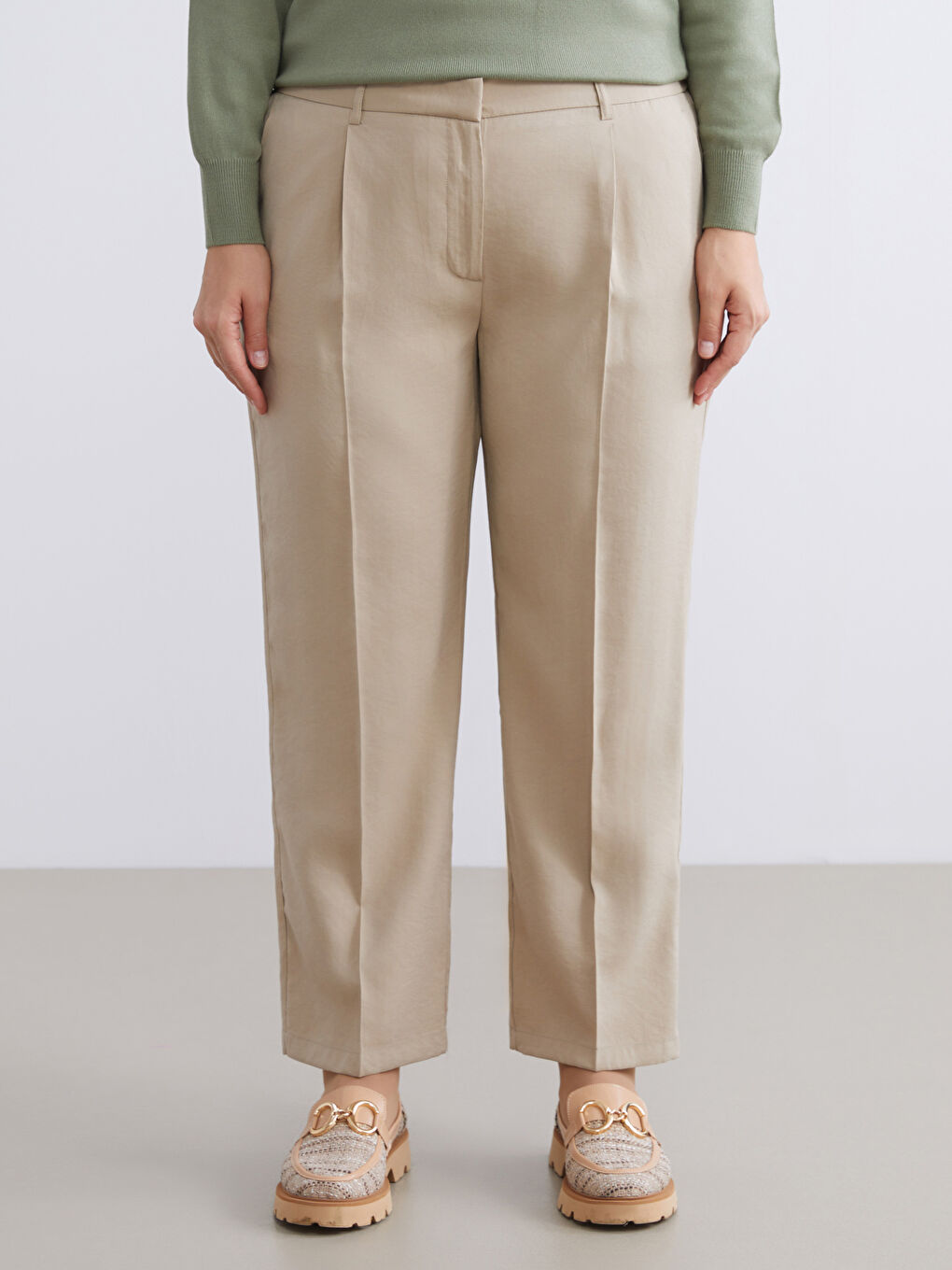 Bej Beli Lastikli Kadın Pantolon-5