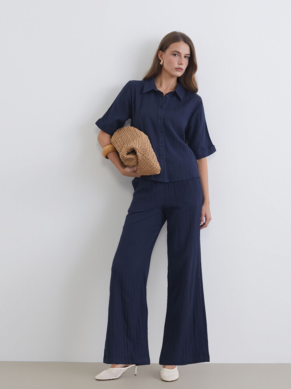 Beli Lastikli Dokulu Müslin Kadın Pantolon-1