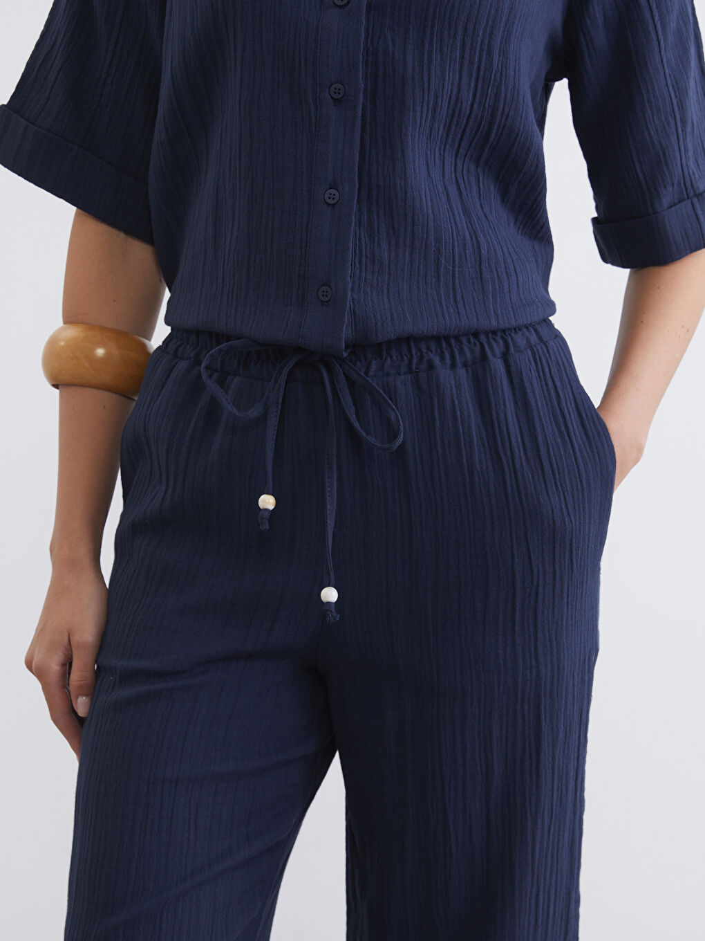 Beli Lastikli Dokulu Müslin Kadın Pantolon-5