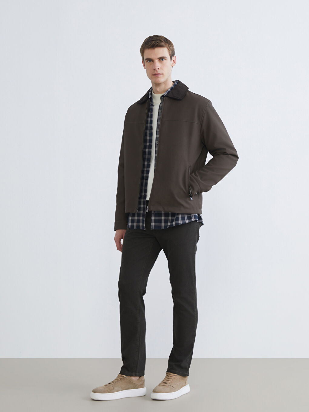 Kahverengi Standart Kalıp Kadife Yaka Erkek Mont-1