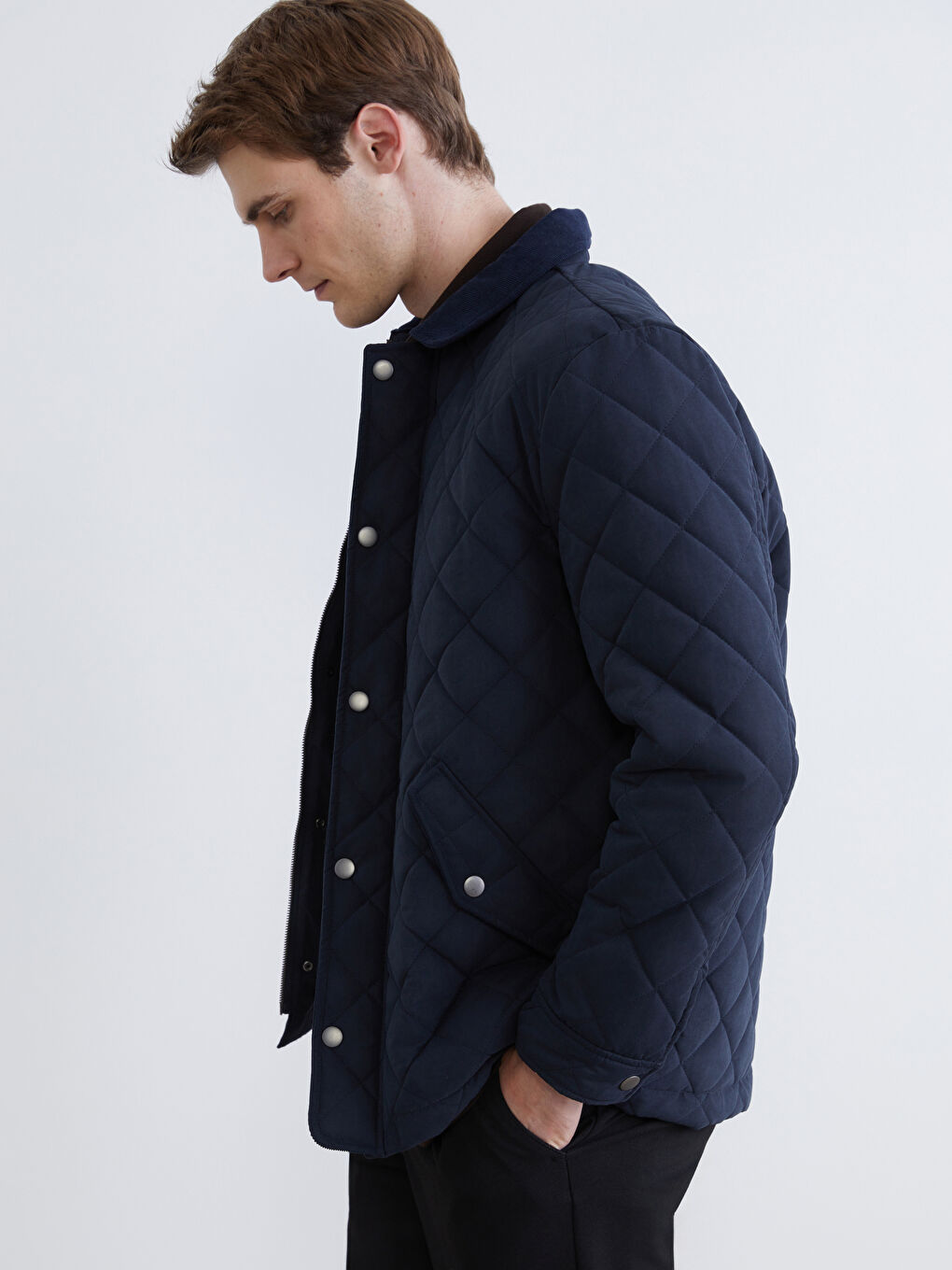 Lacivert Standart Kalıp Kadife Yaka Süet Erkek Mont