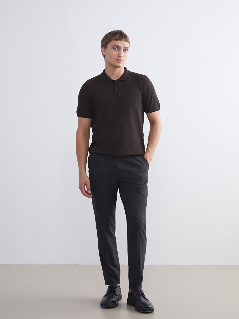 Kahverengi Polo Yaka Erkek Triko Kazak-1