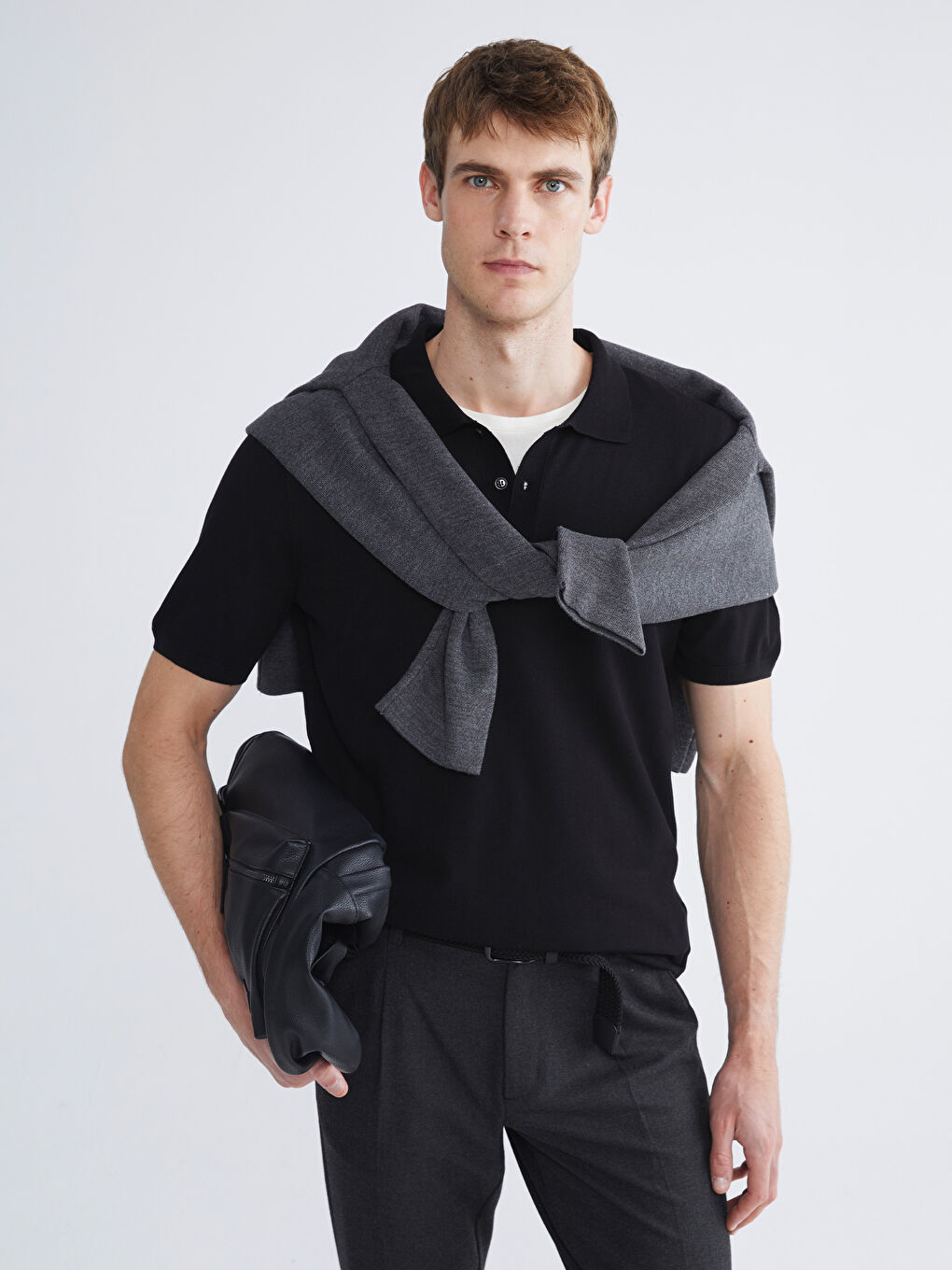 Siyah Polo Yaka Erkek Triko Kazak