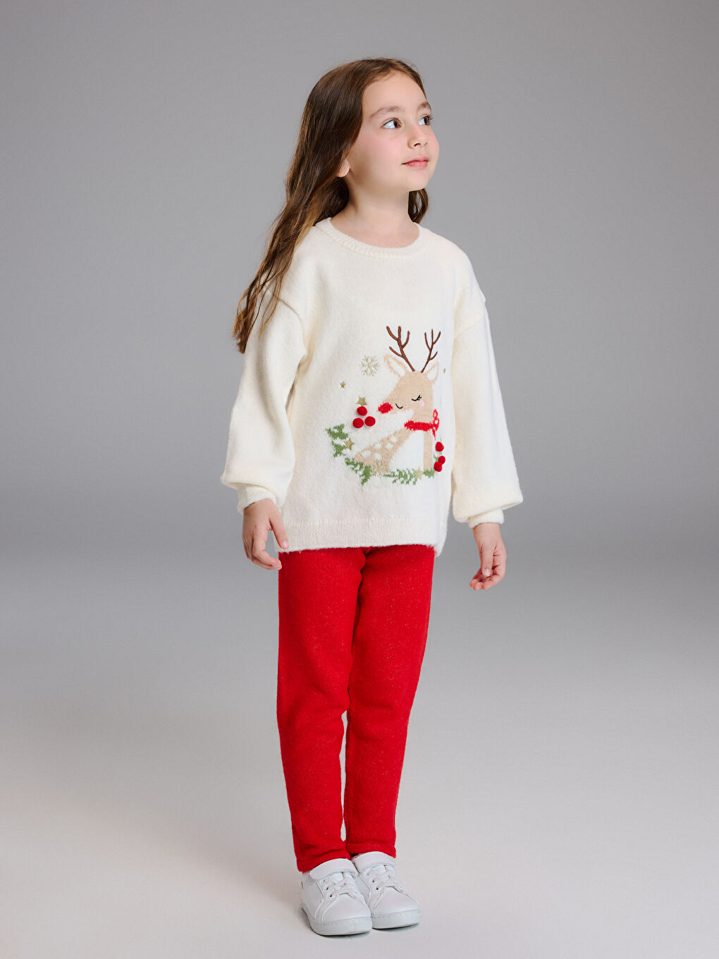 Ekru Yılbaşı Temalı Kız Çocuk Triko Kazak ve Tayt-1