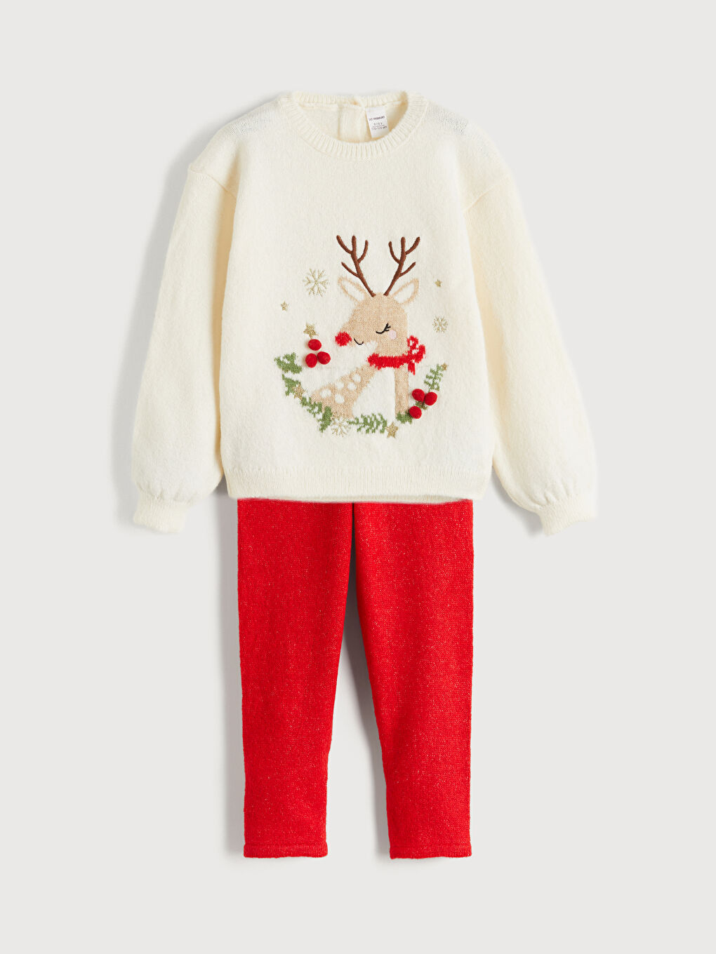 Ekru Yılbaşı Temalı Kız Çocuk Triko Kazak ve Tayt-2
