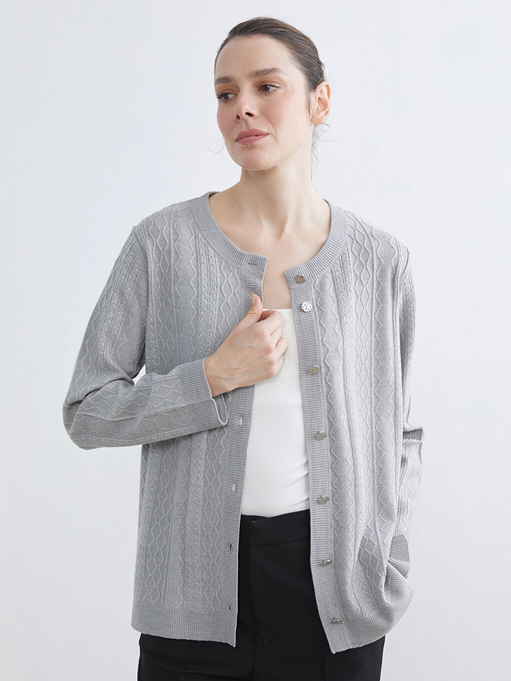 Crew Neck Self Patterned Long Sleeve Women's Tricot Cardigan