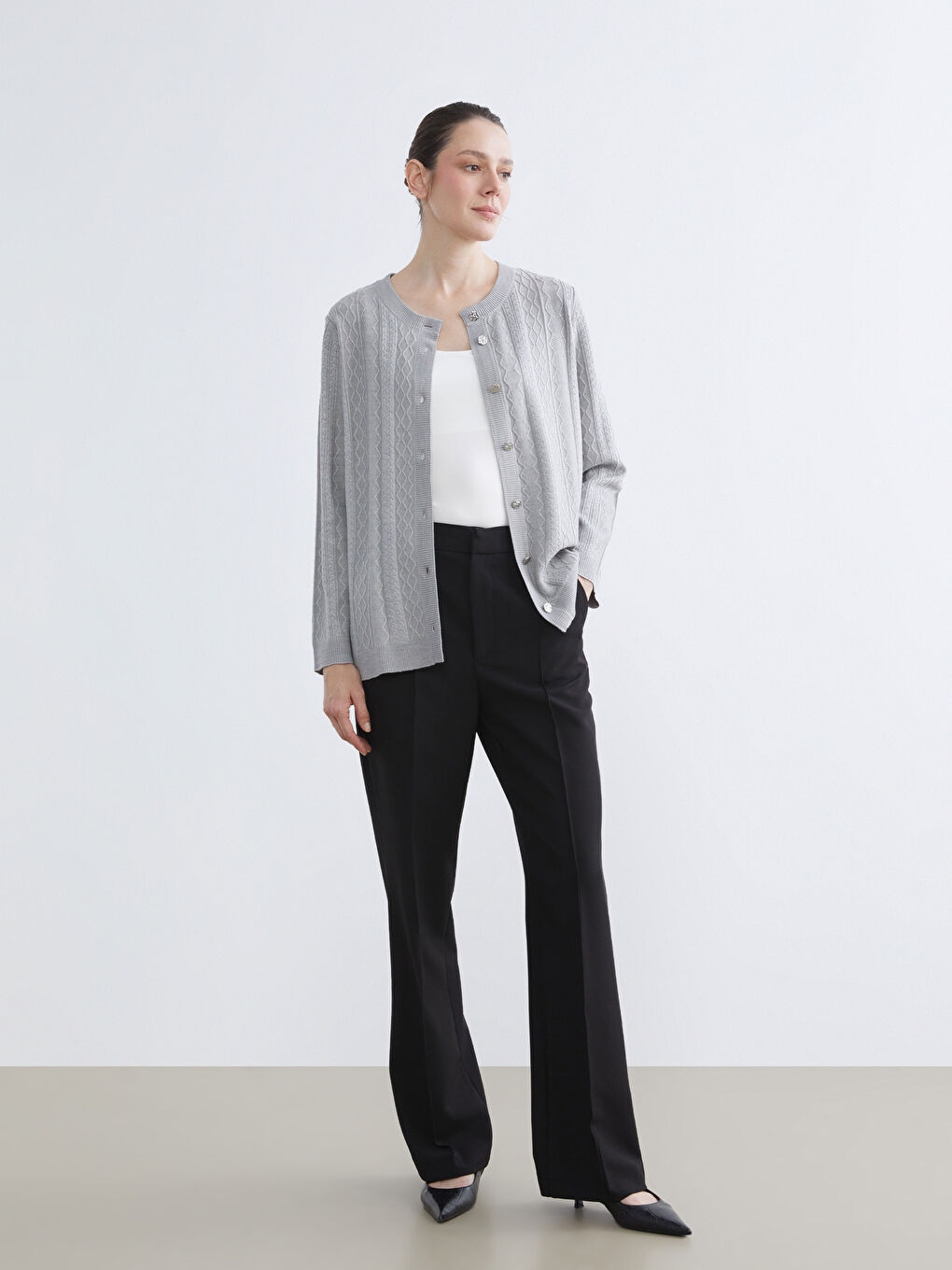 Crew Neck Self Patterned Long Sleeve Women's Tricot Cardigan-1