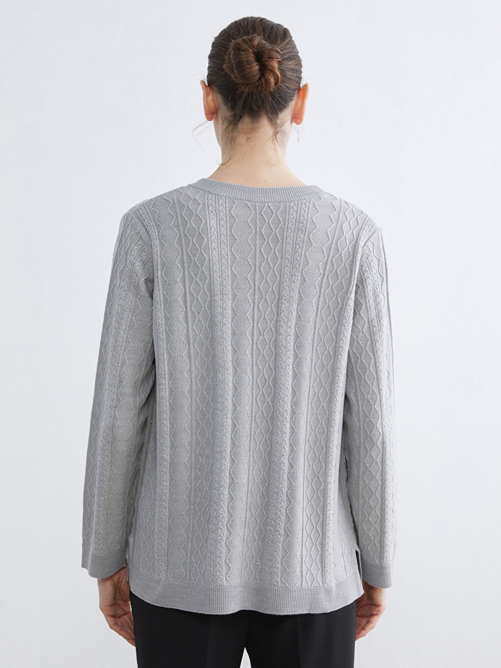 Crew Neck Self Patterned Long Sleeve Women's Tricot Cardigan-3