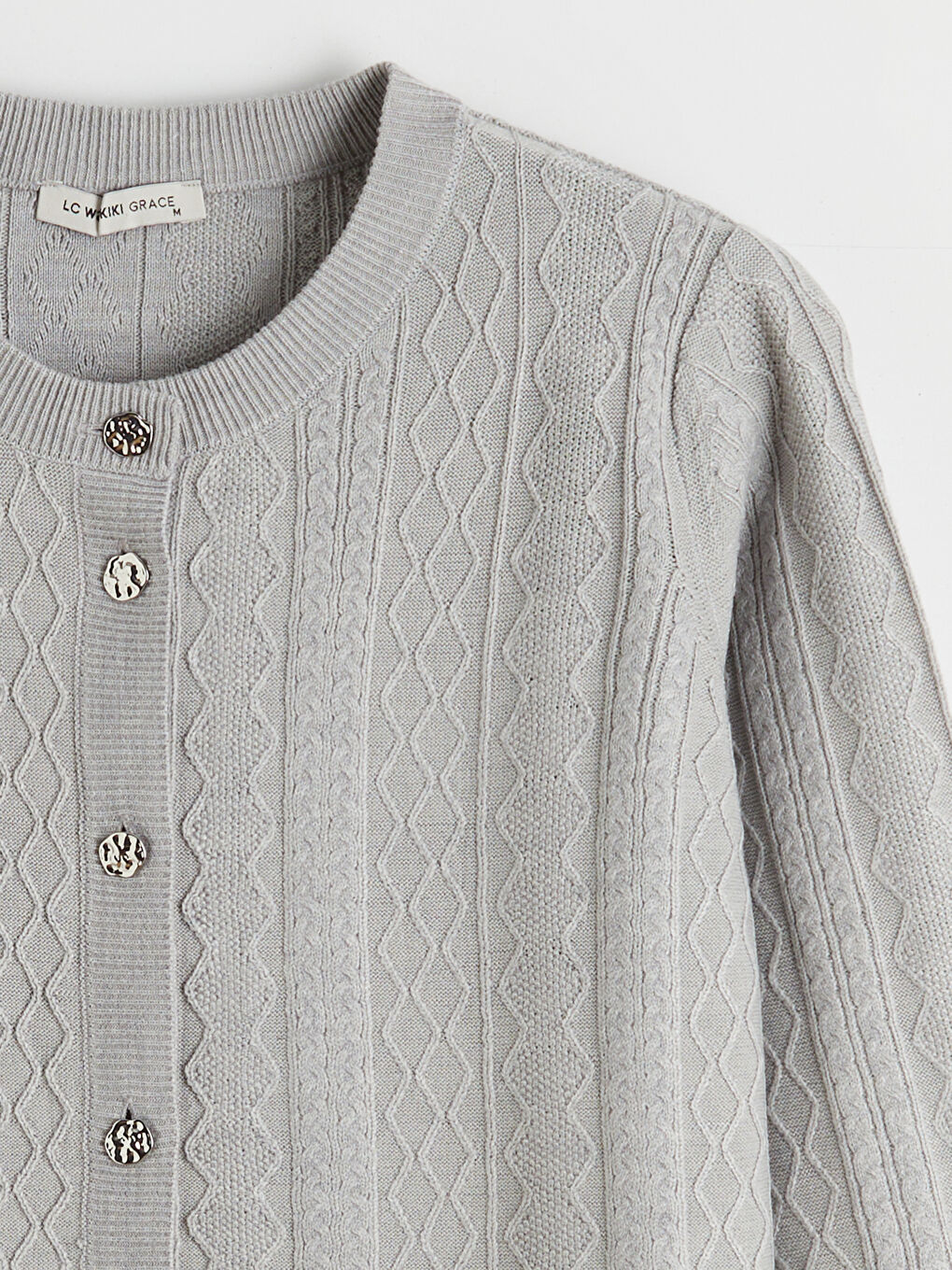 Crew Neck Self Patterned Long Sleeve Women's Tricot Cardigan-5