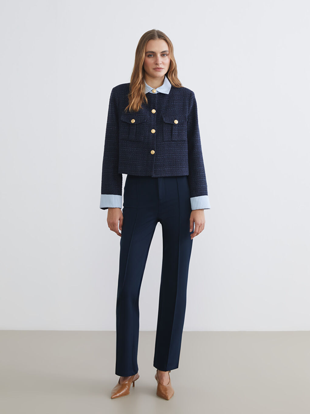 Lacivert Gömlek Yaka Kadın Tüvit Ceket-1