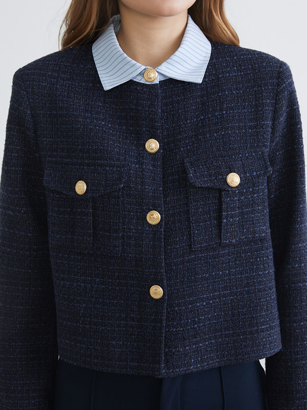 Lacivert Gömlek Yaka Kadın Tüvit Ceket-2
