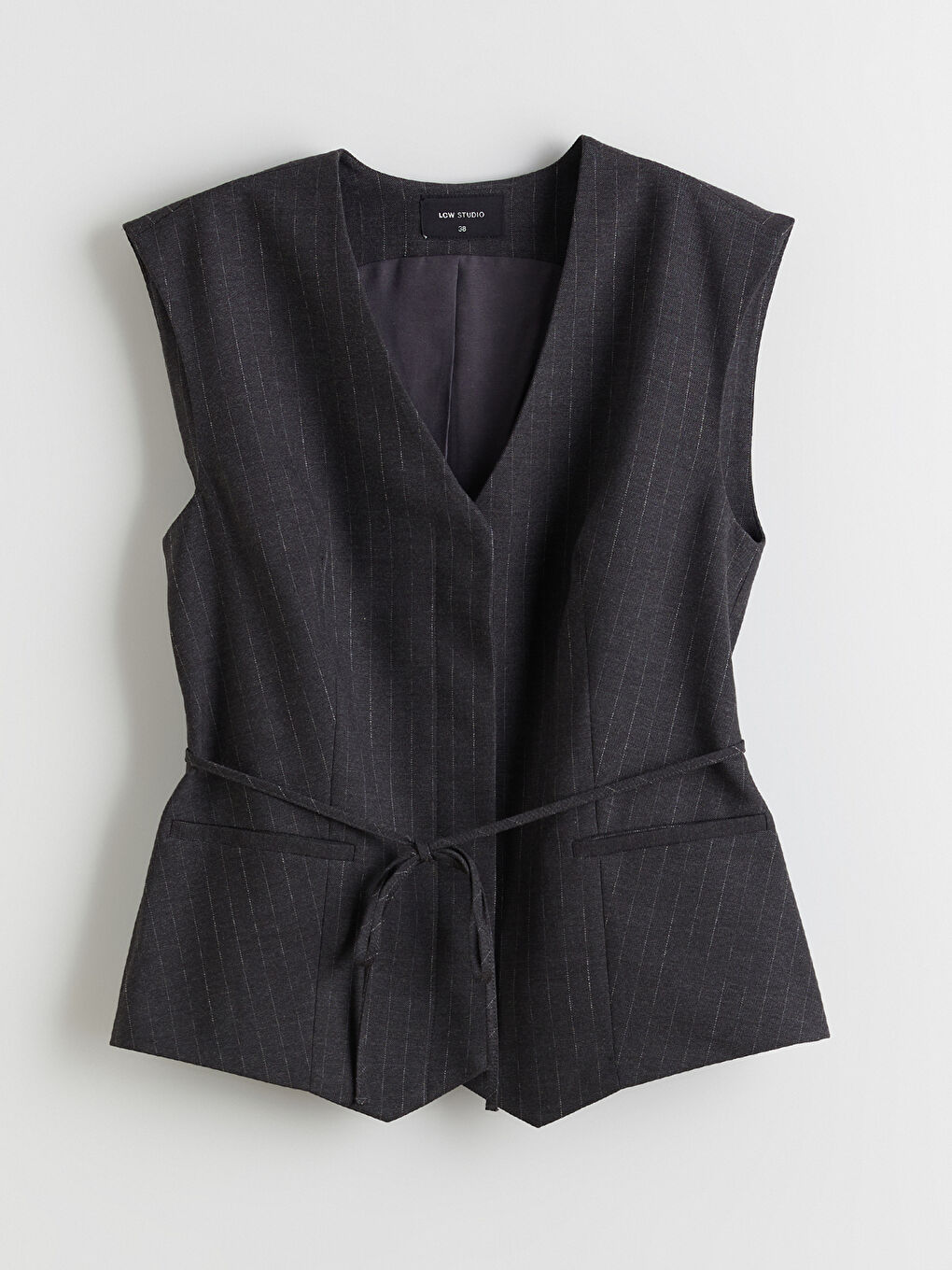 Gri V Yaka Çizgili Kadın Klasik Yelek-8