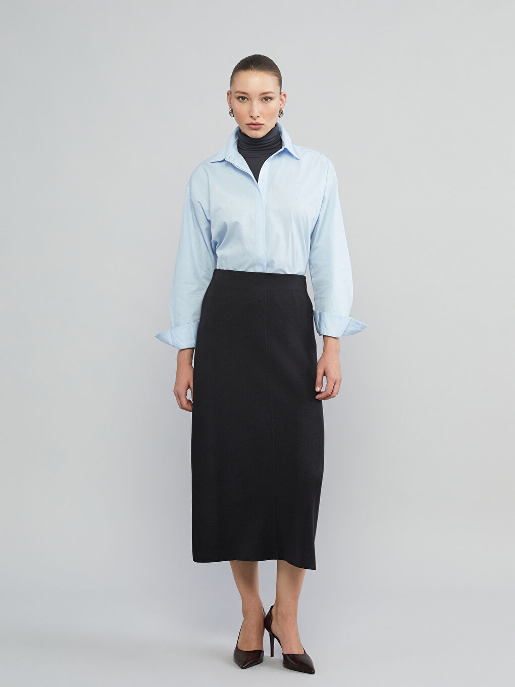 Mavi Loose Fit Taşlı Kadın Gömlek-1