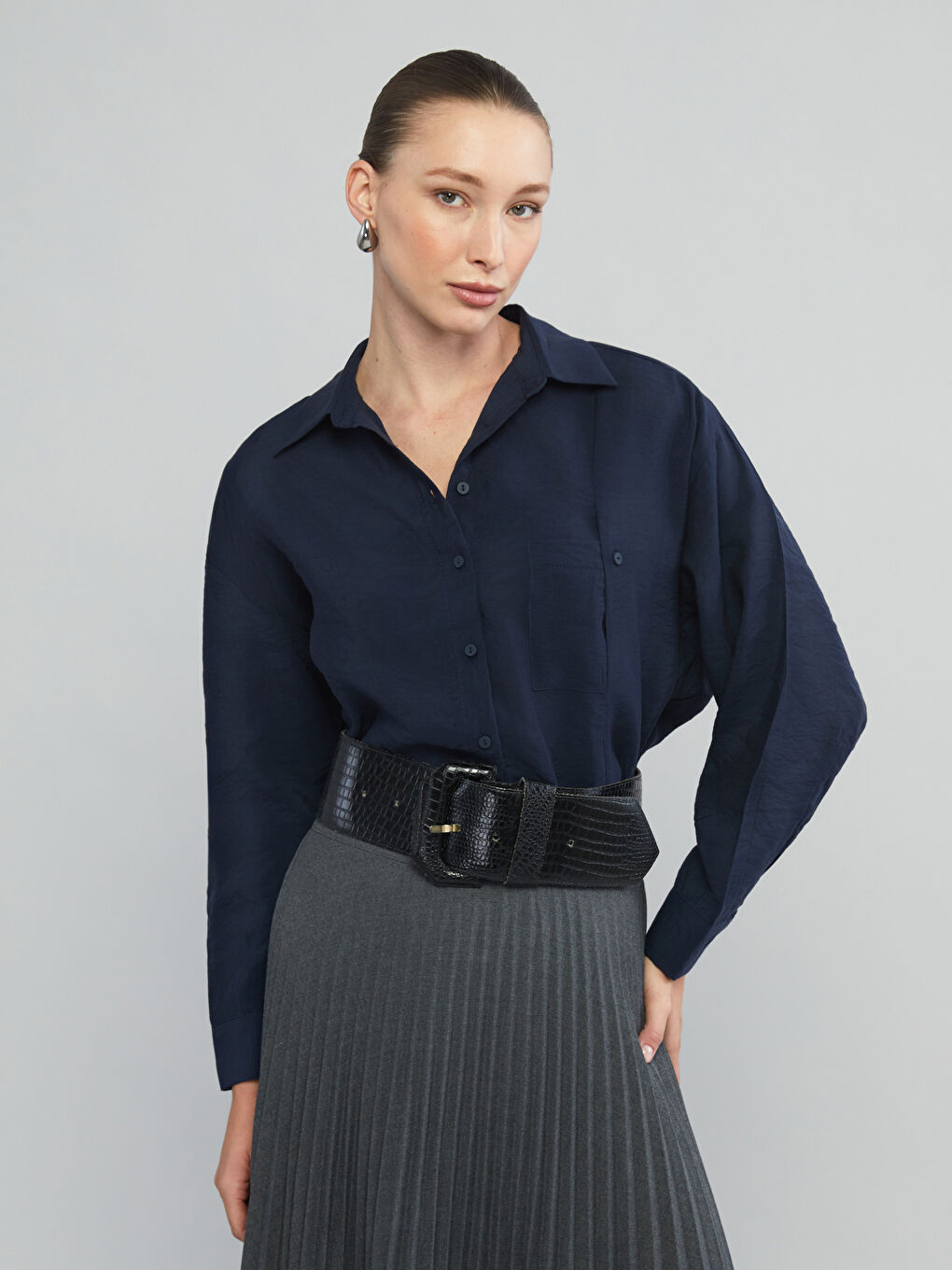 Lacivert Modal Karışımlı Kadın Gömlek-3
