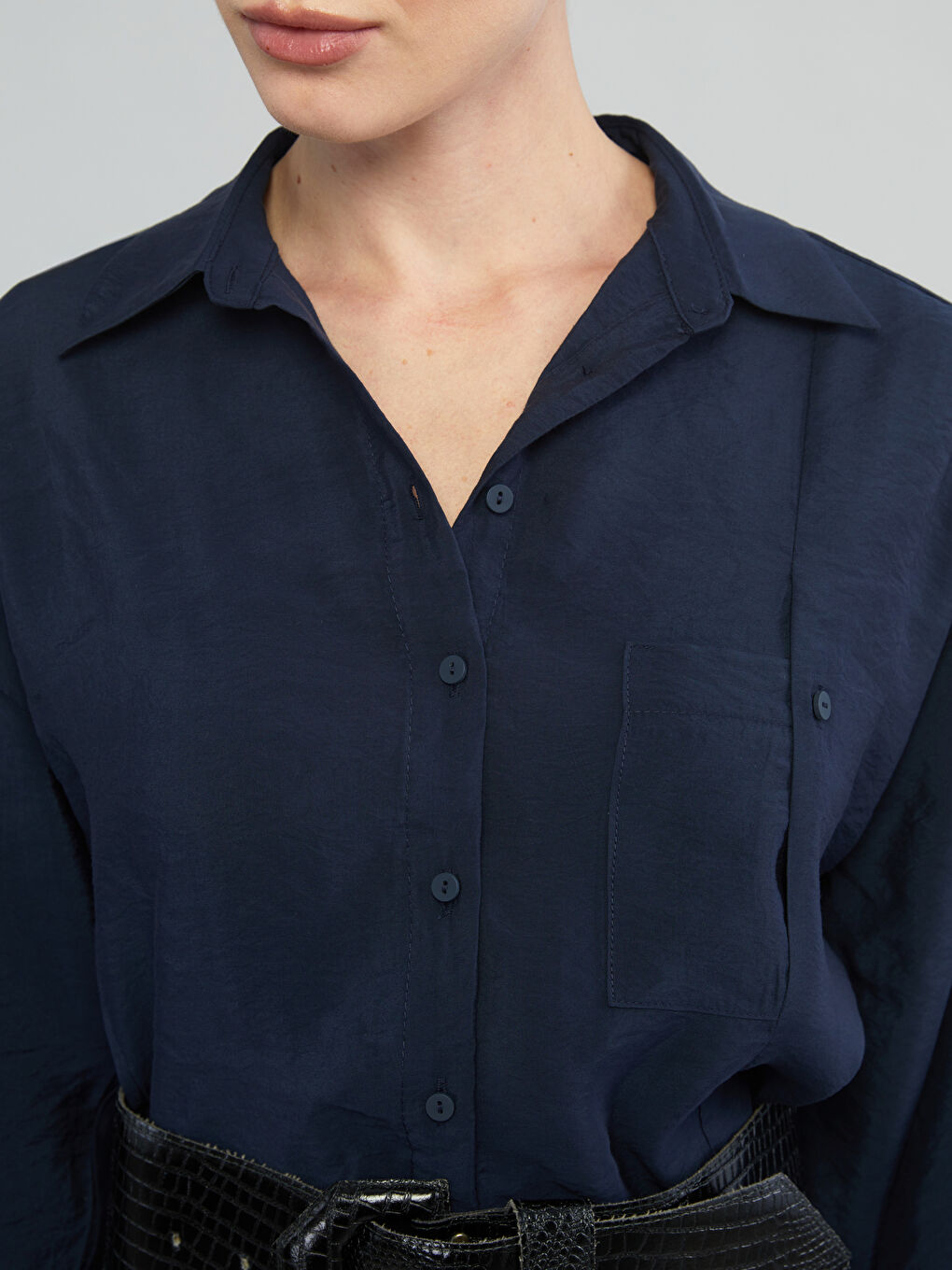 Lacivert Modal Karışımlı Kadın Gömlek-5