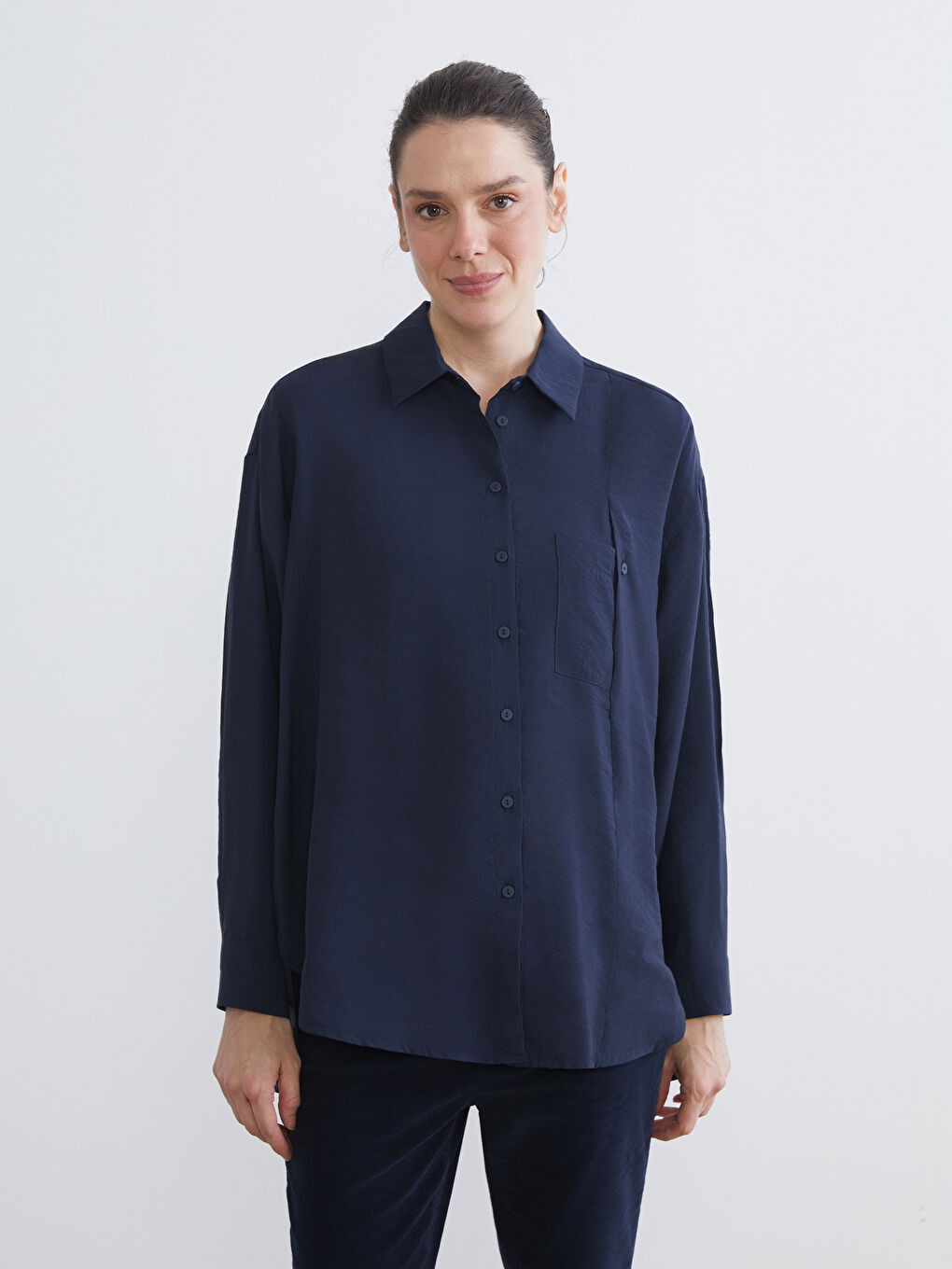Lacivert Modal Karışımlı Kadın Gömlek-1