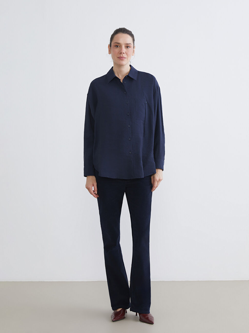 Lacivert Modal Karışımlı Kadın Gömlek-2