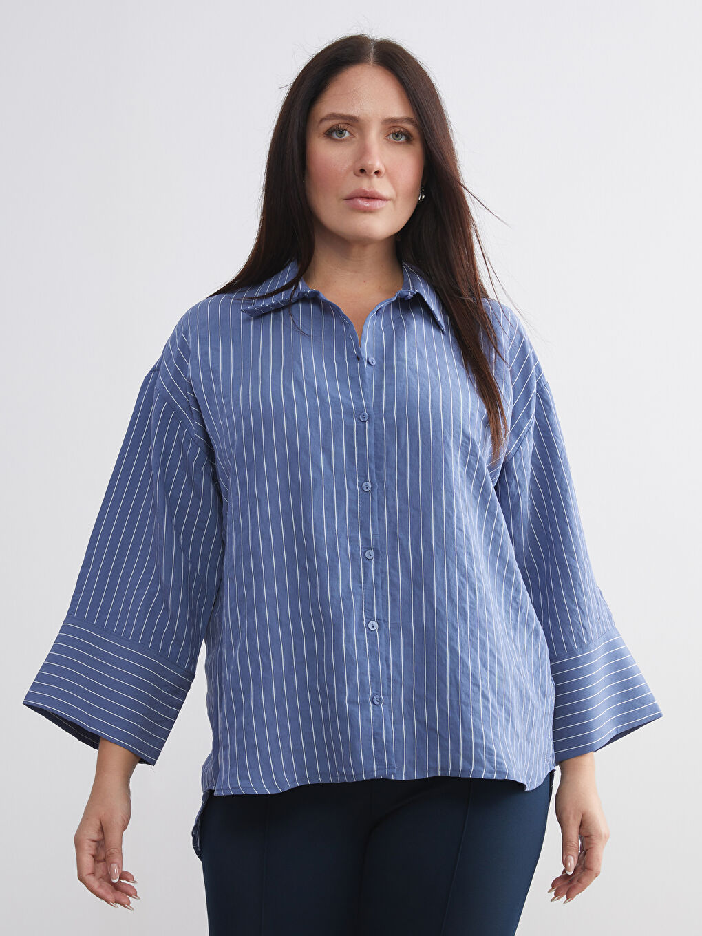 İndigo Çizgili Oversize Kadın Gömlek-1