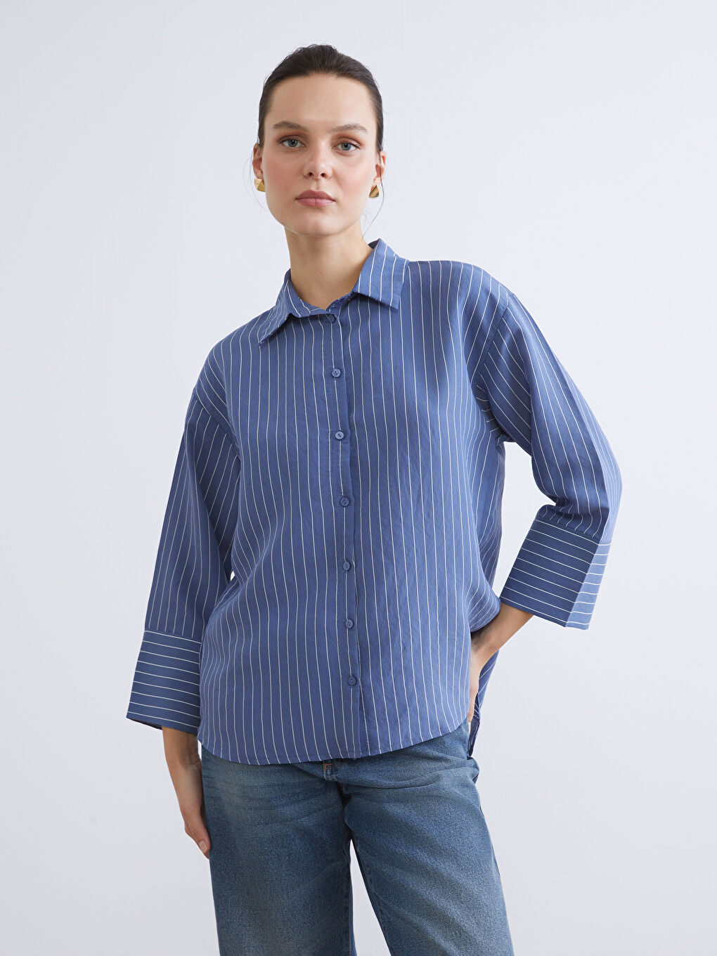 İndigo Çizgili Oversize Kadın Gömlek