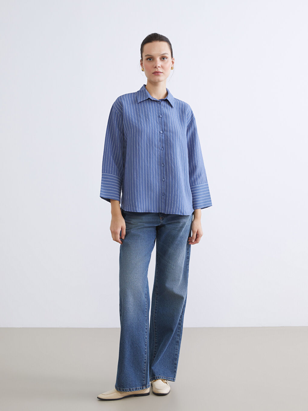 İndigo Çizgili Oversize Kadın Gömlek-2