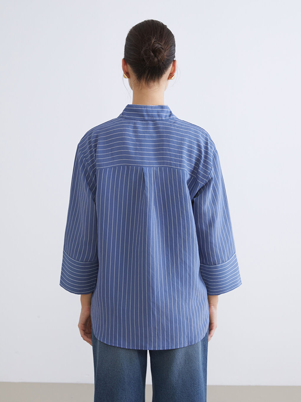 İndigo Çizgili Oversize Kadın Gömlek-4
