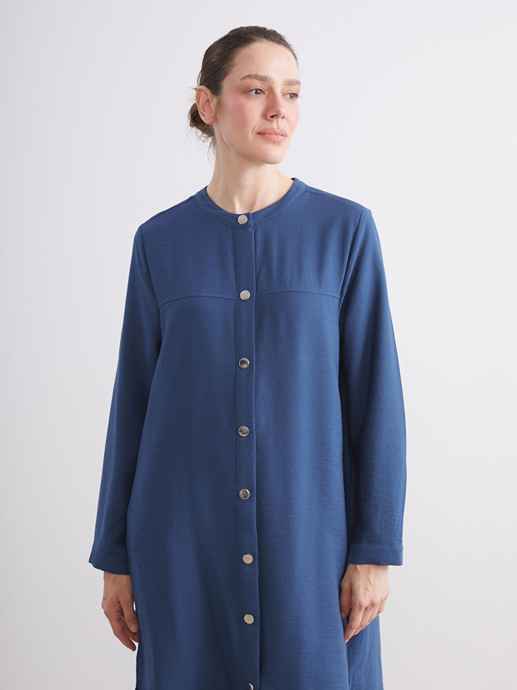İndigo Bisiklet Yaka Keten Görünümlü Elbise-1