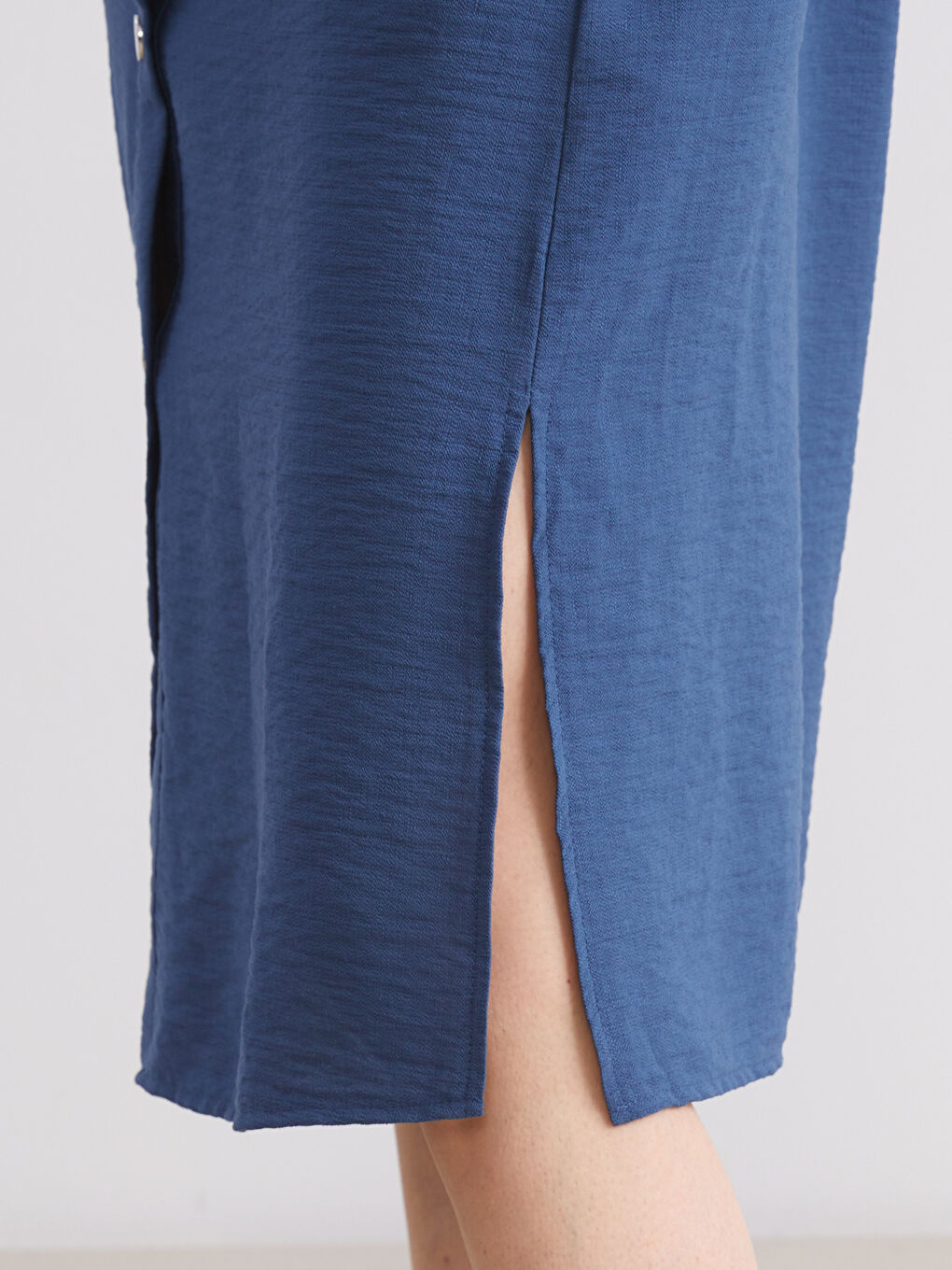 İndigo Bisiklet Yaka Keten Görünümlü Elbise-2