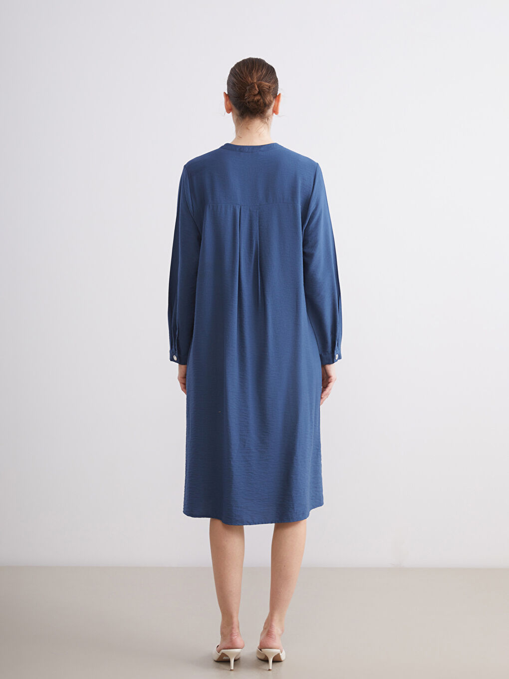 İndigo Bisiklet Yaka Keten Görünümlü Elbise-3