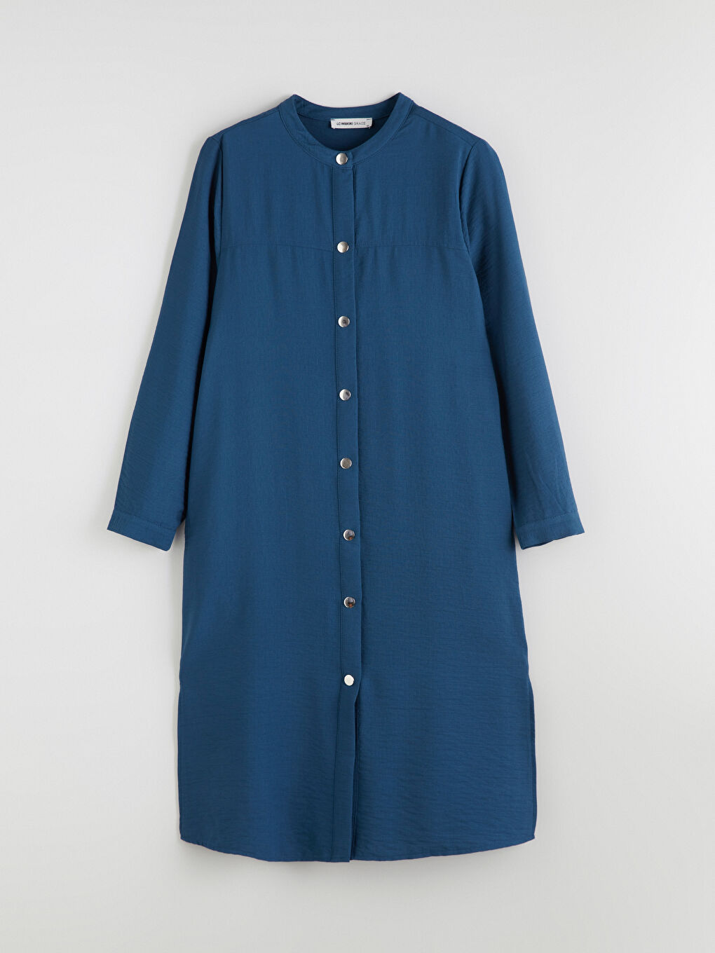 İndigo Bisiklet Yaka Keten Görünümlü Elbise-4