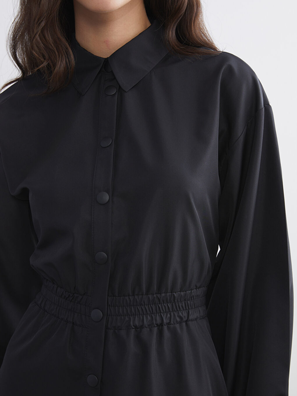 Siyah Balon Kollu Belden Oturtmalı Gömlek Elbise-2