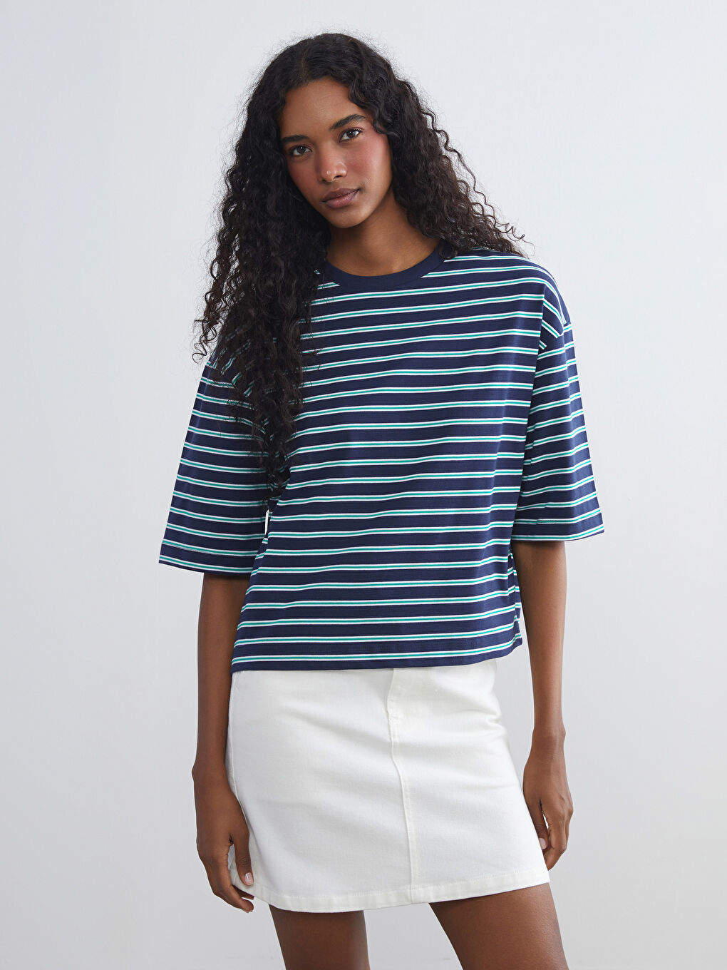 LCW Vision Crew Neck Striped Oversize Women's T-Shirt -W5JP61Z8-K00