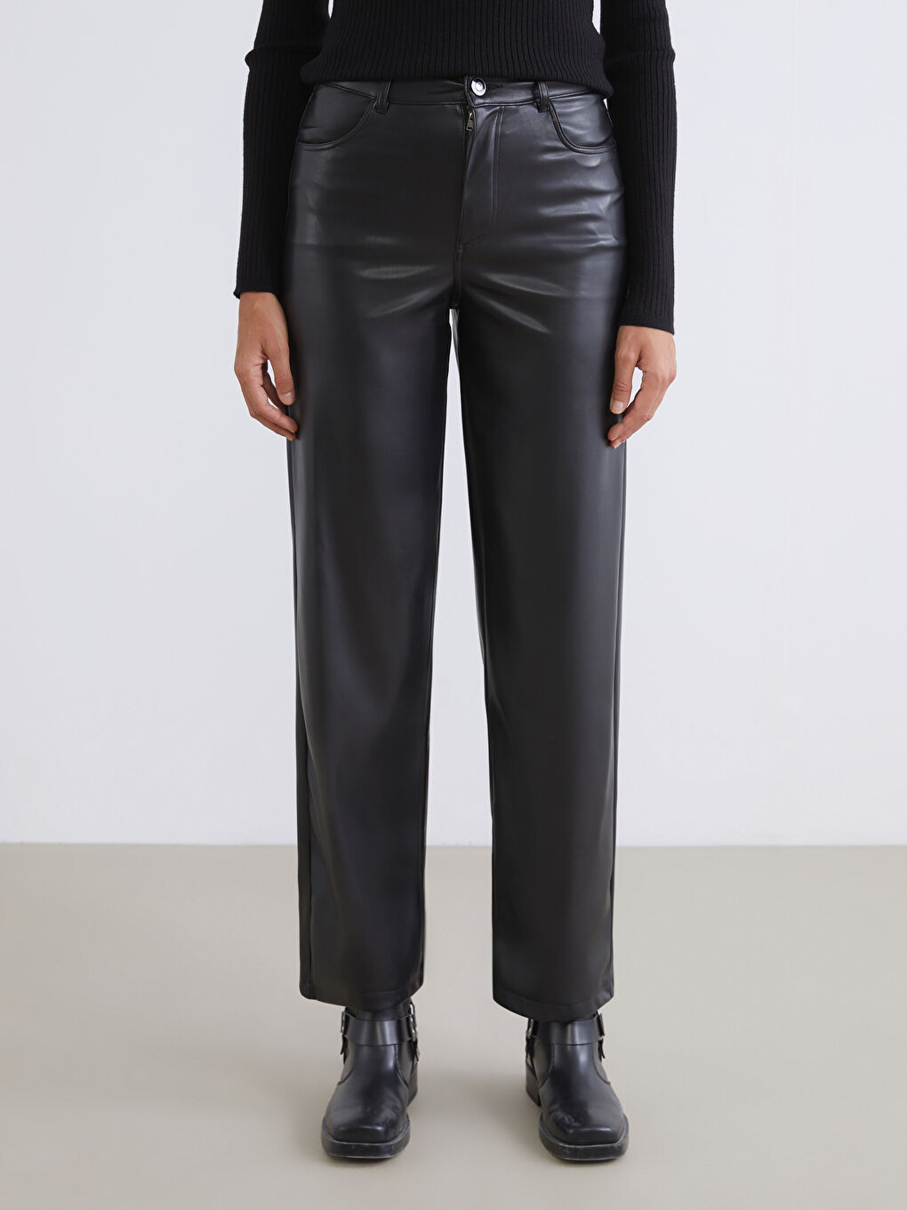 Slim Fit Faux Leather Women's Trousers-1