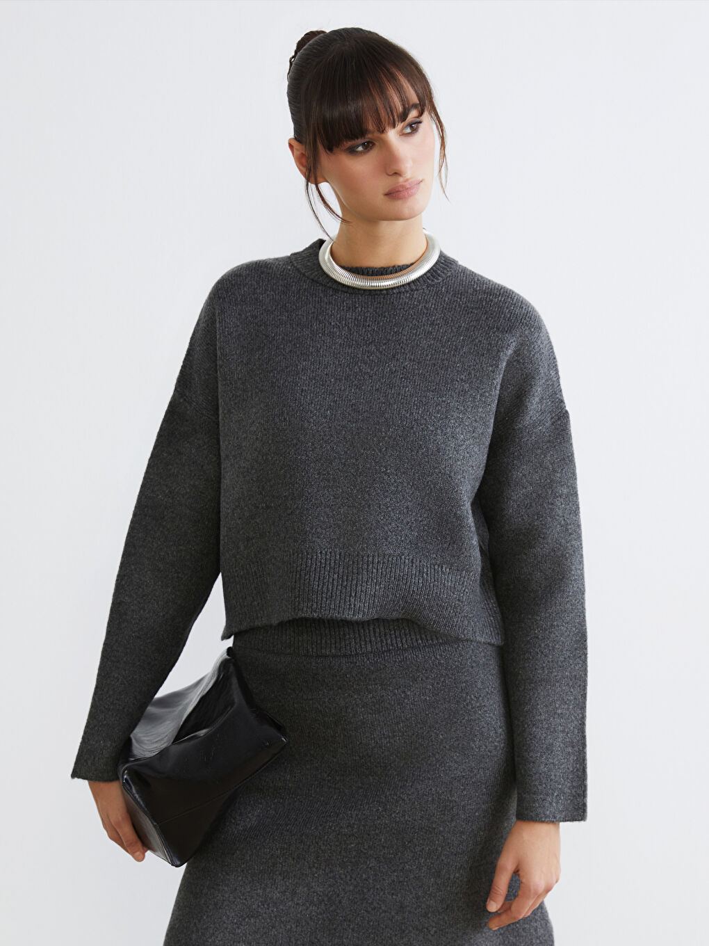 Antrasit Bisiklet Yaka Oversize Kadın Triko Kazak