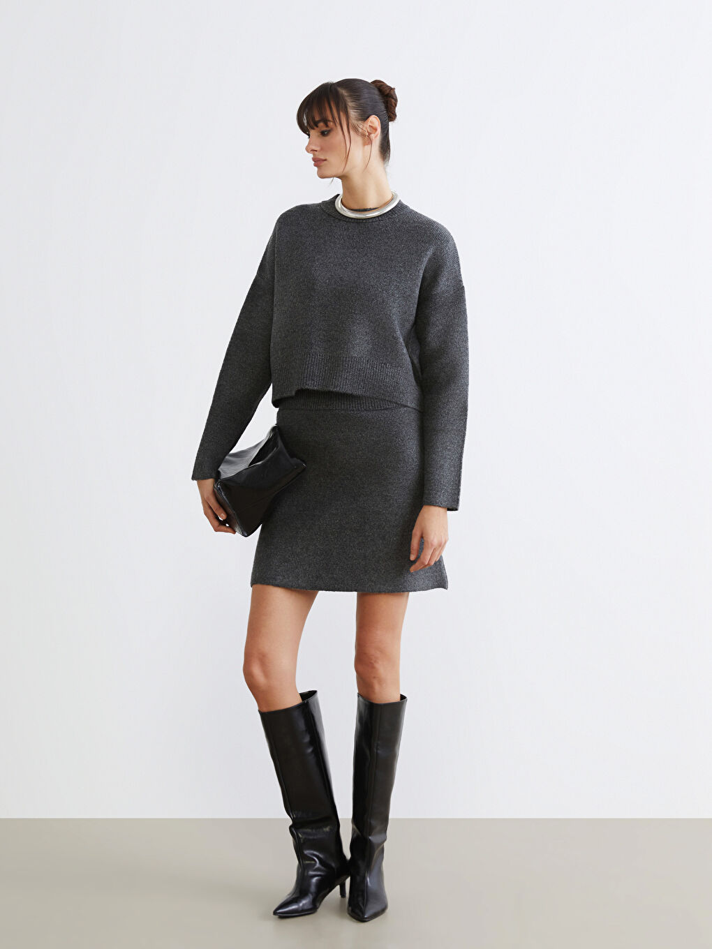 Antrasit Bisiklet Yaka Oversize Kadın Triko Kazak-1