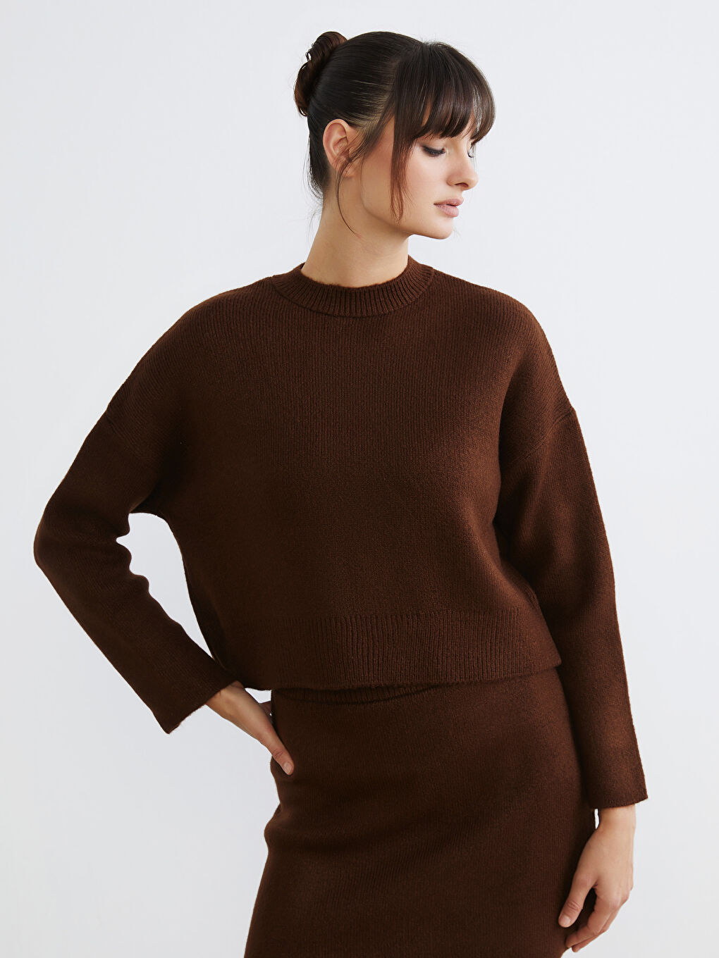 Kahverengi Bisiklet Yaka Oversize Kadın Triko Kazak