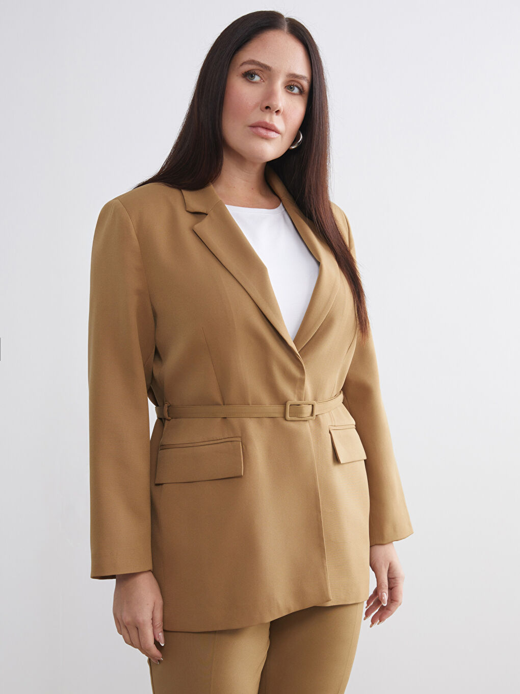 Sarı Beli Kemerli Kadın Blazer Ceket-1