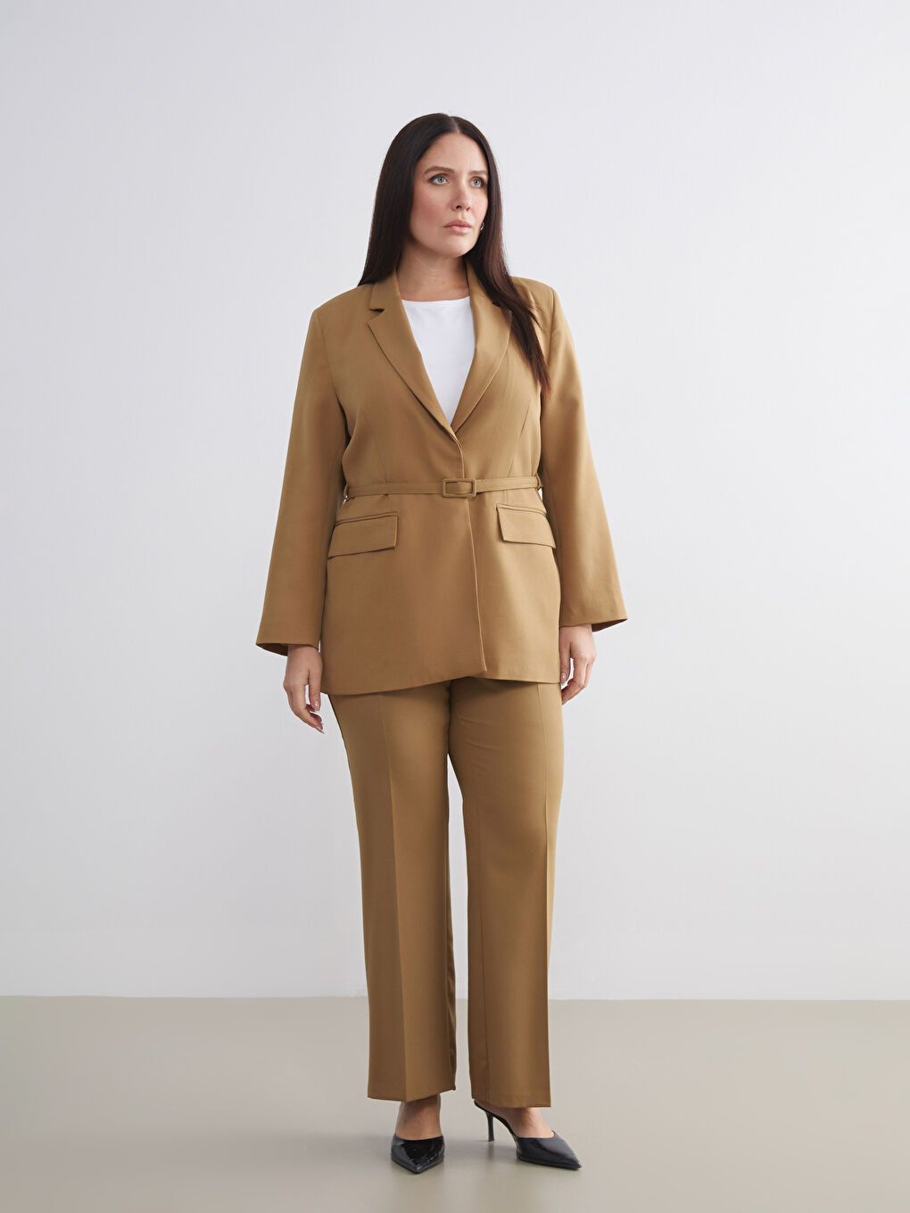 Sarı Beli Kemerli Kadın Blazer Ceket-5